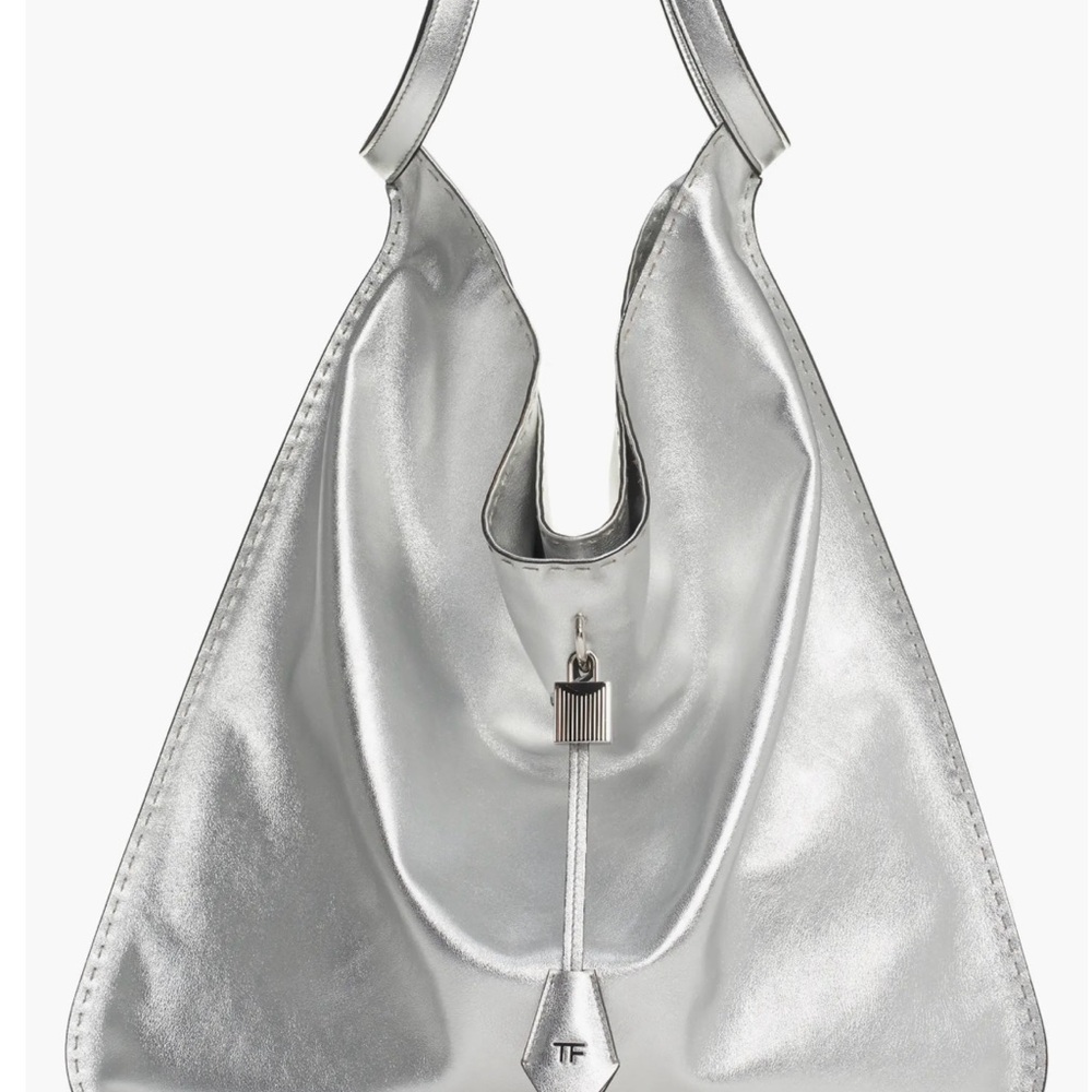 TOM FORD Large Metallic Calfskin Leather Bucket Bag in Silver NWT